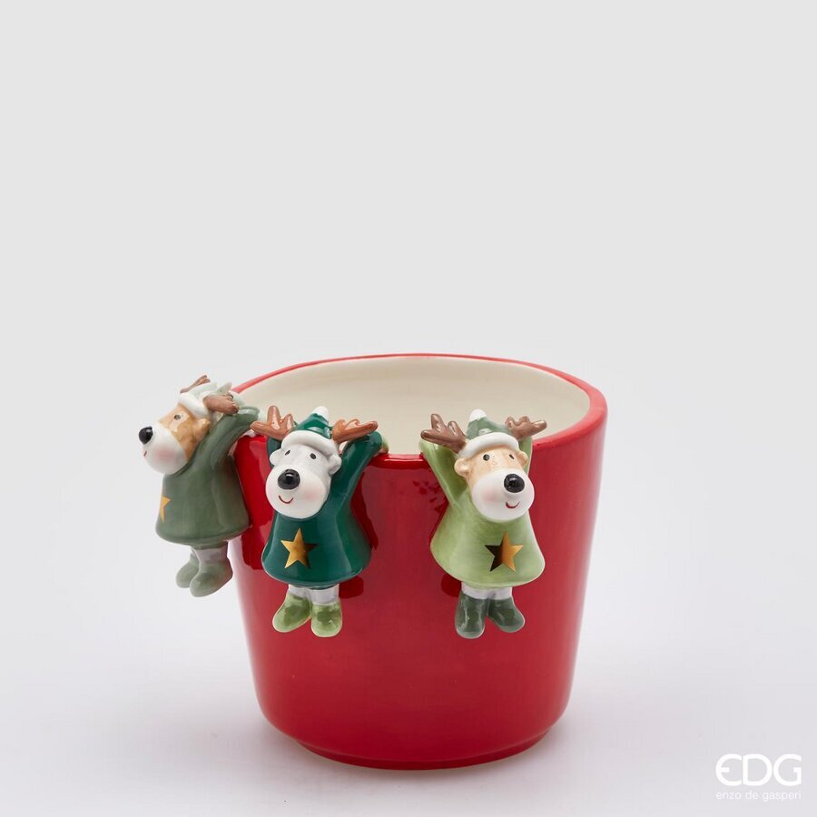 Vaso in ceramica decorata con renne a rilievo. Dimensioni: altezza cm 14, diametro cm 14,5. In negozio e online su tuttochic.it