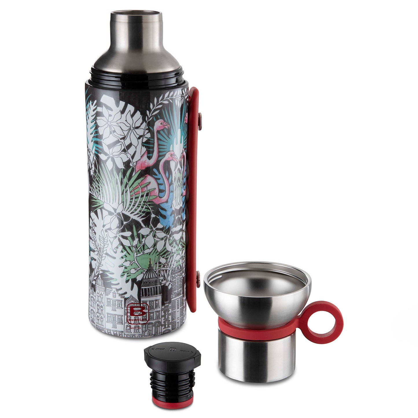 Termo bottiglia 1500 ml decoro La Ville con tazza in acciaio inox a doppia parete. Mantiene i liquidi caldi per 36 ore, freddi per 72 ore e il ghiaccio per 120 ore. Realizzato in acciaio inox 18/10. Si consiglia di lavare a mano. Misure: Diametro 10 cm, altezza 33,4 cm. In negozio e online su tuttochic.it