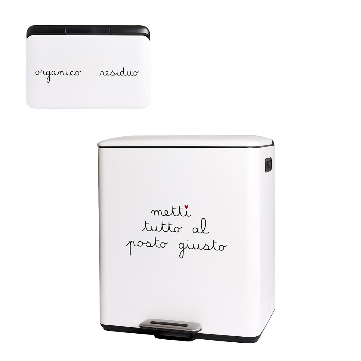 pattumiera a pedale in metallo bianco con i suoi 2 pratici scomparti interni in plastica per organico e residuo, 15 e 25 lt. In negozio e online su tuttochic.it