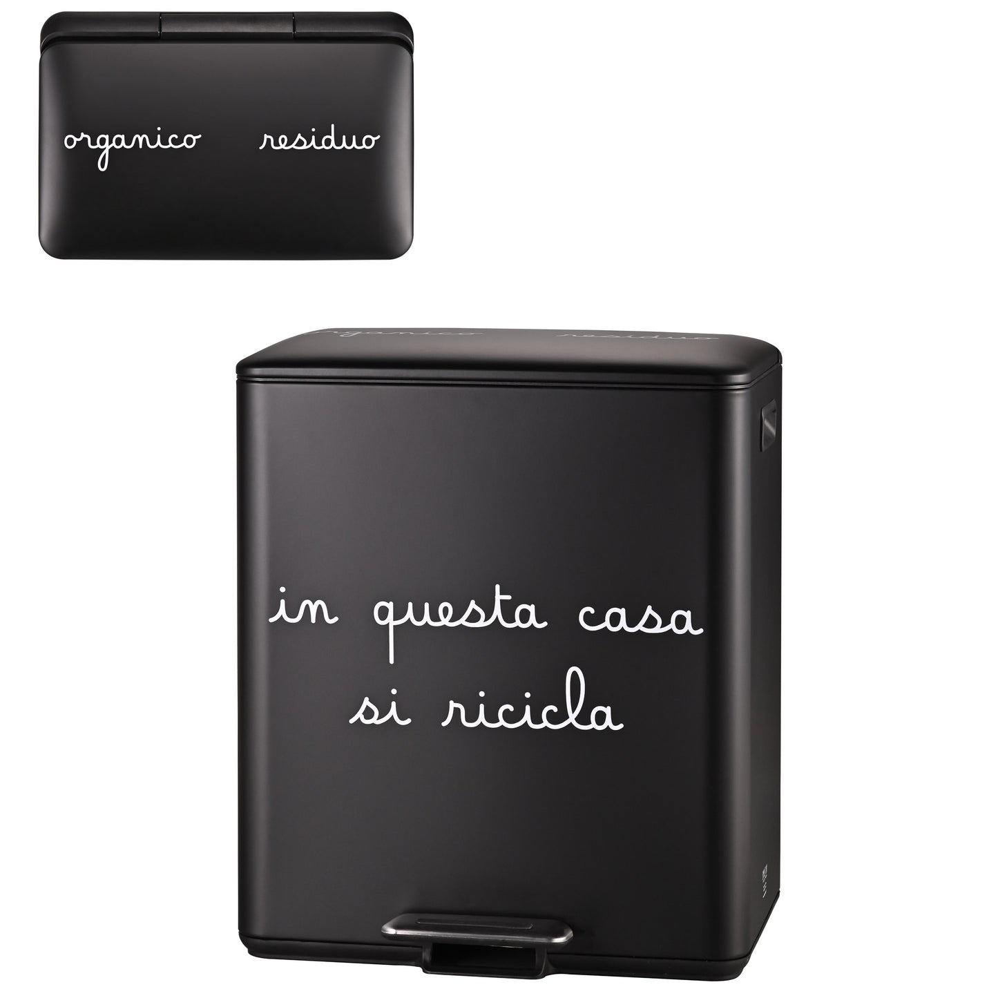 Pattumiera a pedale in metallo nero con i suoi 2 pratici scomparti interni in plastica per organico e residuo, 15 e 25 lt. In negozio e online su tuttochic.it