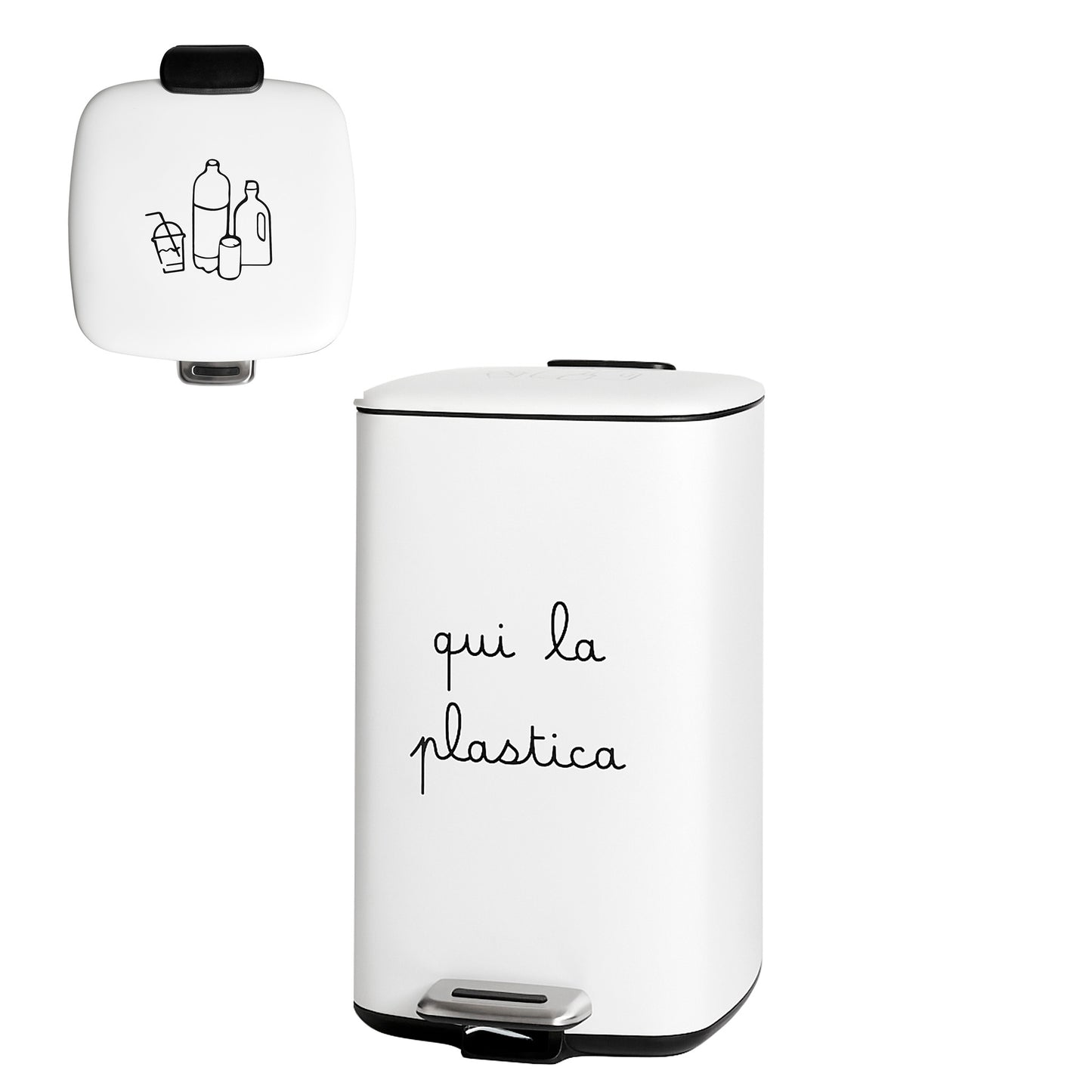 Pattumiera bianca in metallo con contenitore interno in plastica. Dimensione: 37x27 x h45 cm Capacità contenitore: 20 litri. In negozio e online su tuttochic.it