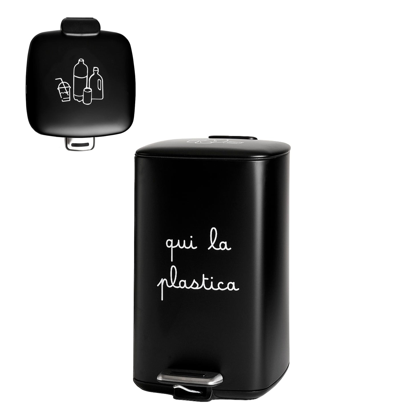 Pattumiera nera in metallo con contenitore interno in plastica. Dimensione: 37x27 x h45 cm Capacità contenitore: 20 litri. In negozio e online su tuttochic.it