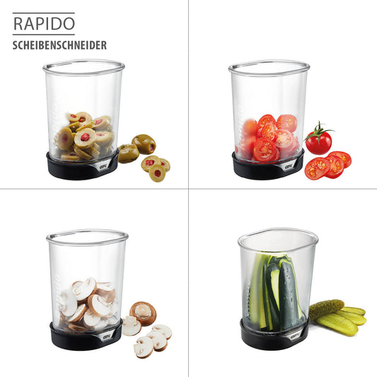 Crea in un batter d'occhio fette di circa 4 mm di spessore da verdure fresche e frutta e le raccoglie in un pratico contenitore. Dimensioni: 10,3 x 7,7 cm x h 12 cm Peso: 70 g. In negozio e online su tuttochic.it