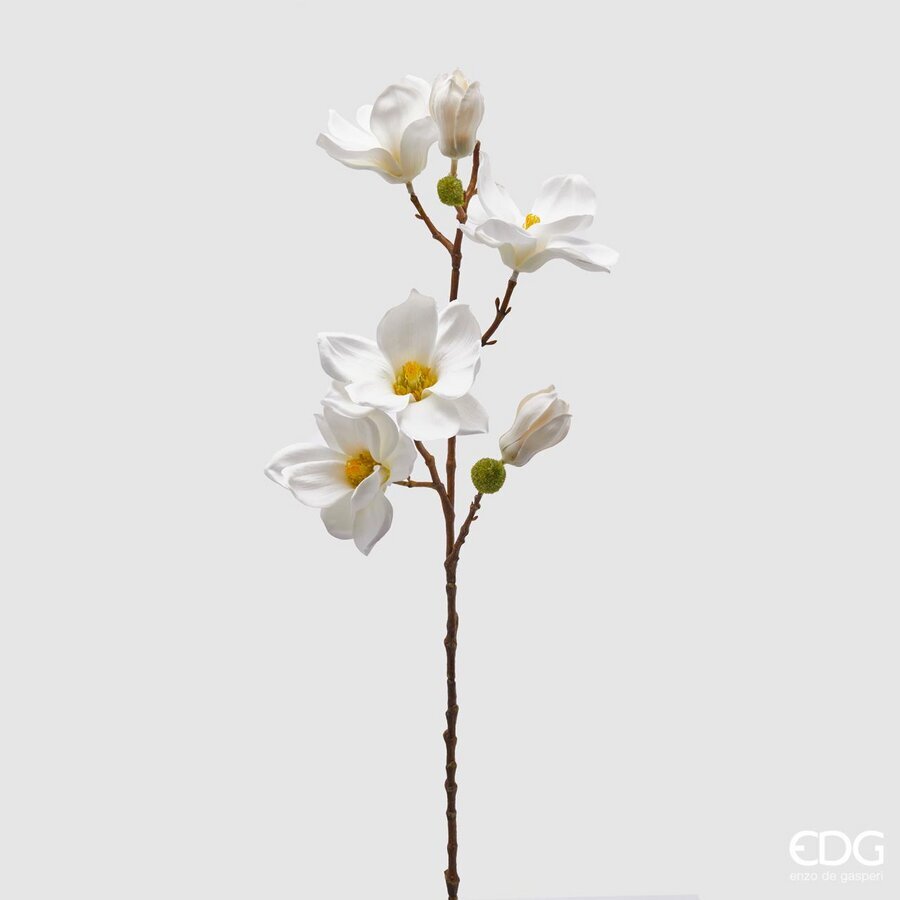 Ramo di magnolia artificiale. Realizzato con petali in tessuto bianco e un ramo in plastica marrone, ogni fiore sembra appena sbocciato. Dimensioni: altezza cm 65. In negozio e online su tuttochic.it