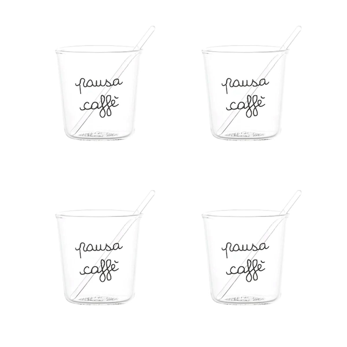 Goditi il tuo espresso con stile e un pizzico di ironia con il set di 4 bicchierini espresso "Pausa Caffè". Realizzati in resistente vetro borosilicato con decoro "Pausa Caffè" in nero. Lavabili in lavastoviglie. Dimensioni: Ø 5.8 cm x h 6 cm - palettina in vetro inclusa. In negozio e online su tuttochic.it