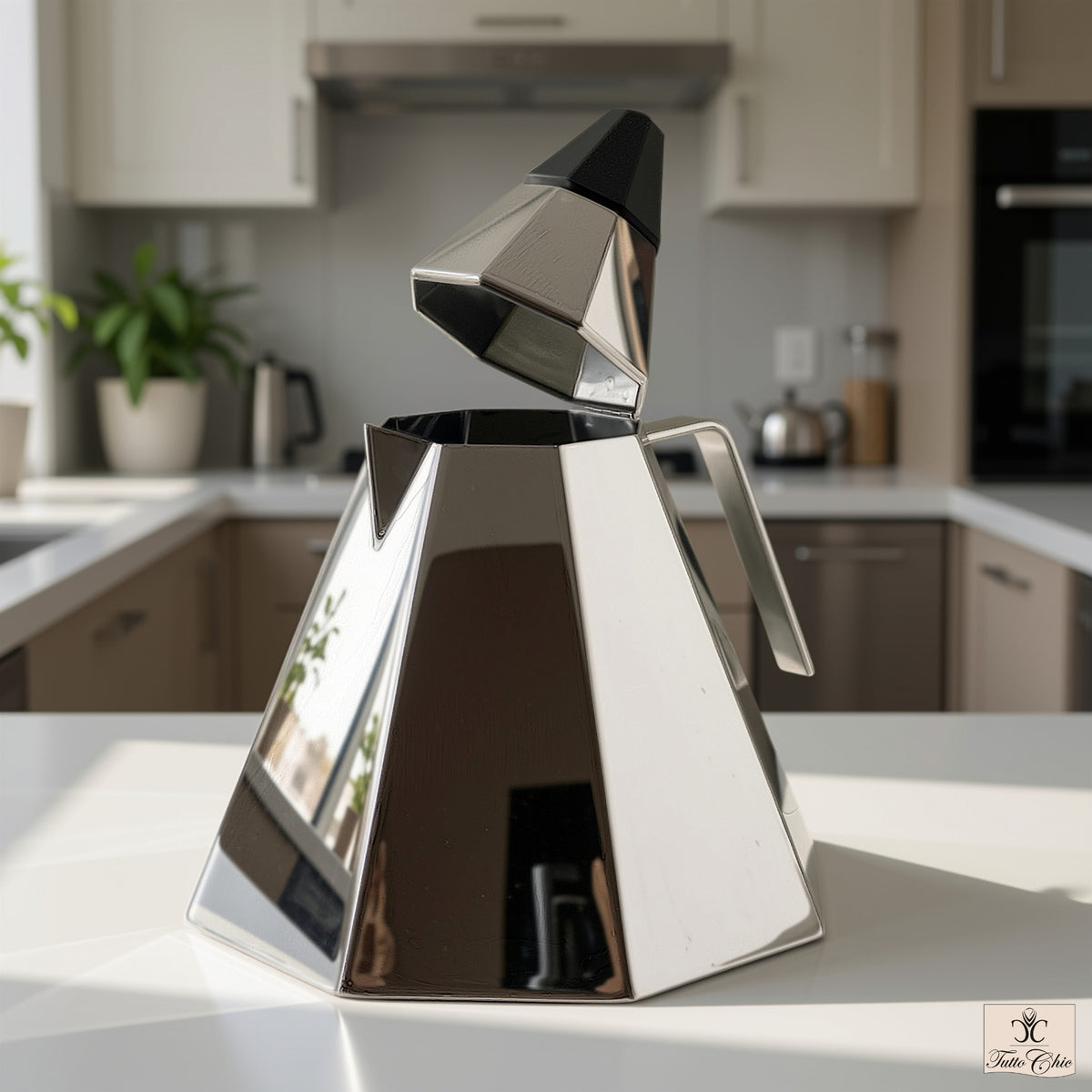 Bollitore ottagonale in acciaio inox lucido Calderoni da 2 litri di design italiano fuori produzione su piano in marmo