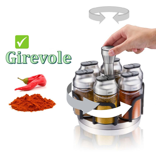 Portaspezie girevole KIPPO con 6 contenitori in vetro per spezie ed erbe apertura del coperchio a cerniera. dimensioni Ø 17,3 cm, alt. 15,8 cm• vetro borosilicato / acciaio inox pregiato / resina / silicone. In negozio e online su tuttochic.it