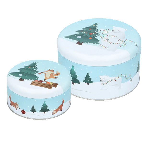 Scatole natalizie tonde in latta decorate con animali del bosco – Set 2 pezzi Birkmann