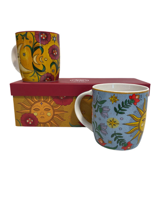 Set 2 tazze mug in porcellana decorata – 350 ml – Rose & Tulipani – collezione Mirabilia – decoro Sole & Luna – con confezione regalo