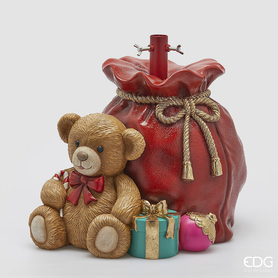 Base Sacco con Orsacchiotto firmata EDG Realizzata in poliresina decorata di alta qualità, Adatto per alberi di Natale slim fino a 180 cm di altezza. In negozio e online su tuttochic.it