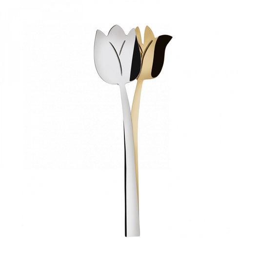 Tulipano è un set di posate insalata dal design non comune, che si ispira alla fresca bellezza dei tulipani in fiore. Le posate sono in acciaio inox 18/10 con finitura PVD in oro 24 carati. Dimensioni: cm 31 x 8,5 Lavabili in lavastoviglie. In negozio e online su tuttochic.it