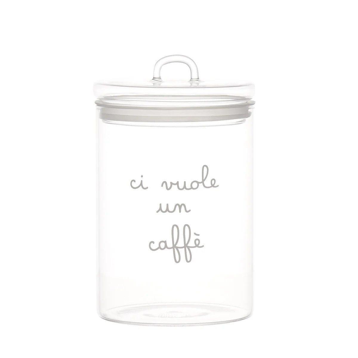Il barattolo di vetro borosilicato trasparente con la scritta "ci vuole un caffè" Dimensioni: ø 12 x h 20 cm. In negozio e online su tuttochic.it