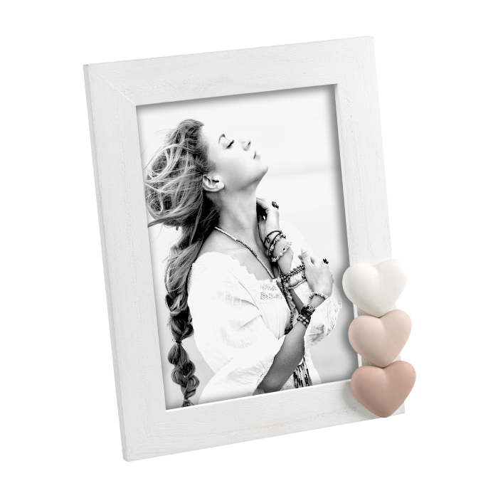 Portafoto Mascagni Casa in legno con cuori in rilievo – cornice bianca o grigia – verticale 13x18 cm