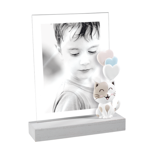 Portaritratti per foto in verticale da tavolo in acrilico con base in legno grigio con gattino decorato. Disponibile in due colori diversi Per foto da 13 x 18 cm mascagni cornici