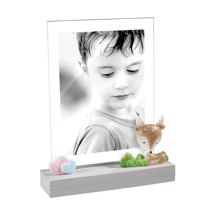 Portaritratti per foto in verticale per bambini in acrilico con base in legno grigio con cerbiatto in resina decorata. Per foto da 13x18 cm. Mascagni cornici