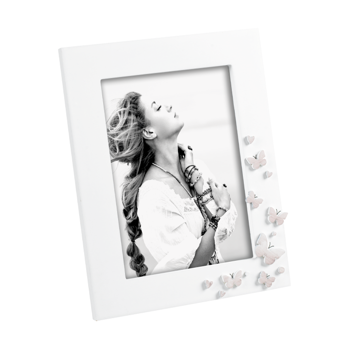 Portafoto in MDF opaco con decoro farfalle – cornice bianca o naturale – formato 13x18 cm – Mascagni Casa