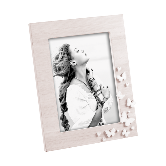 Portafoto in MDF opaco con decoro farfalle – cornice bianca o naturale – formato 13x18 cm – Mascagni Casa