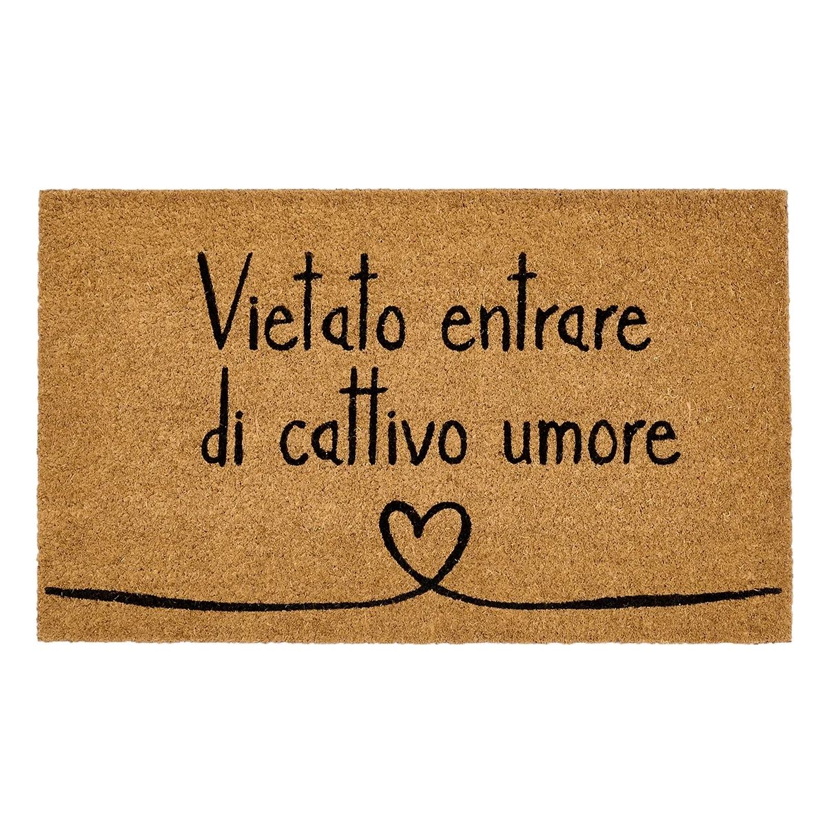 Accogli i tuoi ospiti con un sorriso e un'atmosfera positiva grazie a questo zerbino in fibra di cocco con la divertente scritta "Vietato entrare di cattivo umore". Lasciamo entrare solo allegria nella tua casa! Dimensioni: 45 x 75 cm Disegnato in Italia. In negozio e online su tuttochic.it