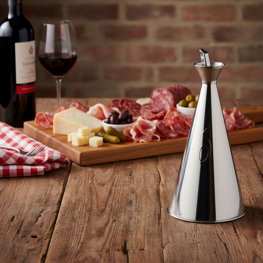 Oliera da tavola Olivella Magnum Olipac in acciaio inox posizionata su tavolo rustico accanto a tagliere di salumi e formaggi