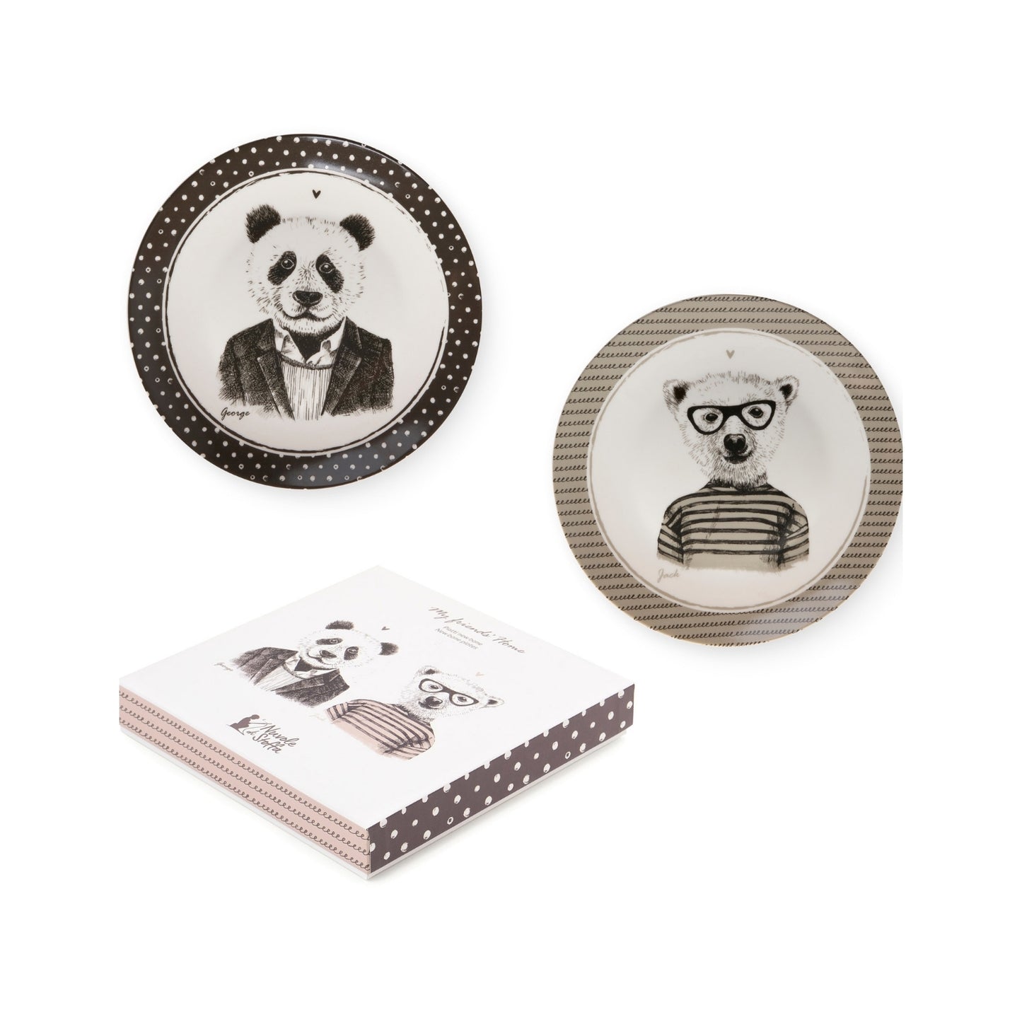 set di 2 piatti "My Friend's Home". Realizzati in porcellana, decorati con George il Panda e Jack l'orso. Dimensioni: Ø cm 20. In negozio e online su tuttochic.it
