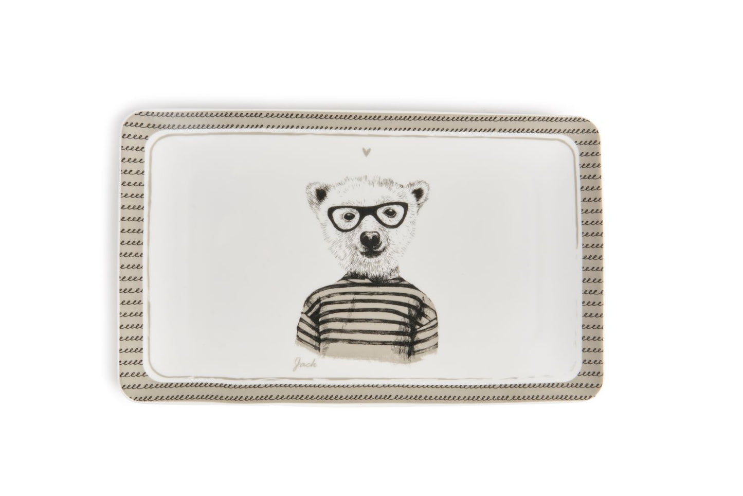 Il piatto rettangola in porcellana decorata con un amabile orso, Ideale per servire i tuoi alimenti preferiti o come piatto vuotatasche decorativo. Dimensioni: cm 21x13x1.6. In negozio e online su tuttochic.it