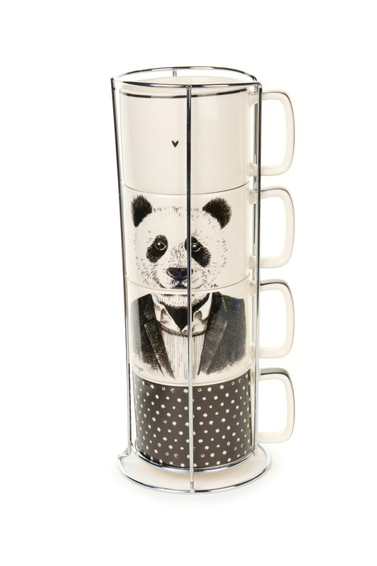 Set 4 tazze "My Friend's Home" decorati con adorabili animali panda o orso. La porcellana di alta qualità è abbinata ad un elegante contenitore in metallo cromato, Capacità singola tazza: 330 ml. In negozio e online su tuttochic.it