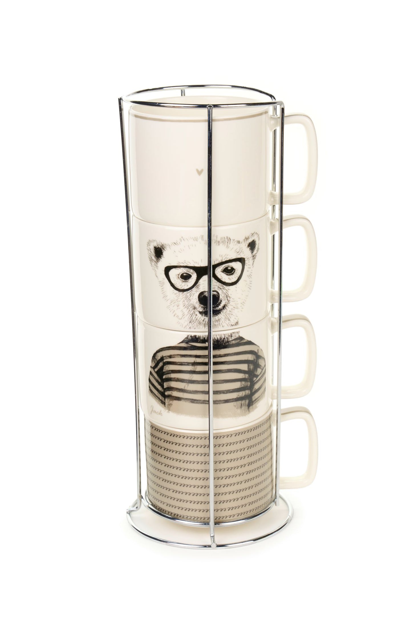 Set 4 tazze "My Friend's Home" decorati con adorabili animali panda o orso. La porcellana di alta qualità è abbinata ad un elegante contenitore in metallo cromato, Capacità singola tazza: 330 ml. In negozio e online su tuttochic.it