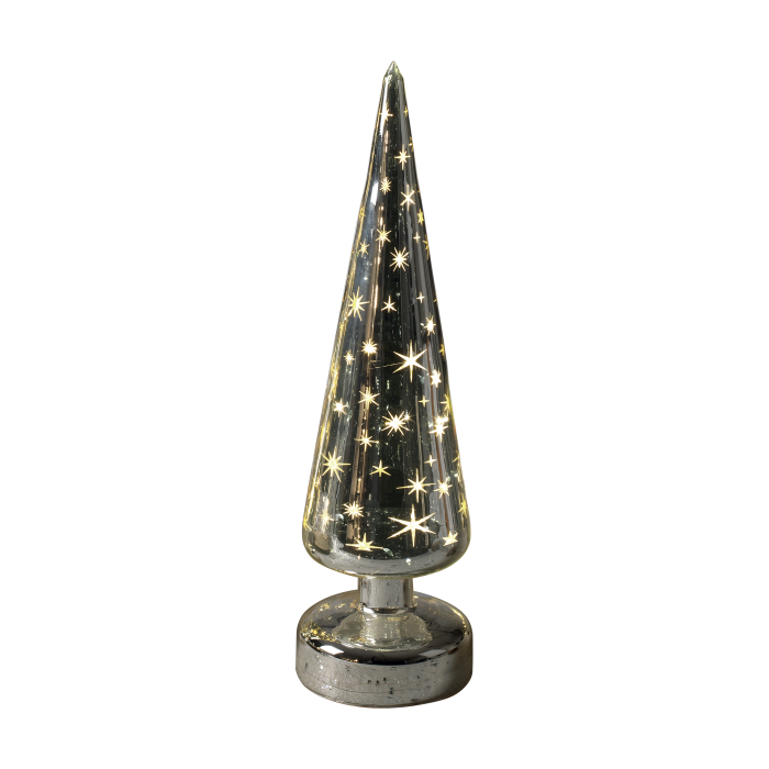 Realizzato in vetro color argento lucido con decoro stelline. Dimensioni: cm 9x30 h. Funziona con 3 batterie stilo incluse. In negozio e online su tuttochic.it