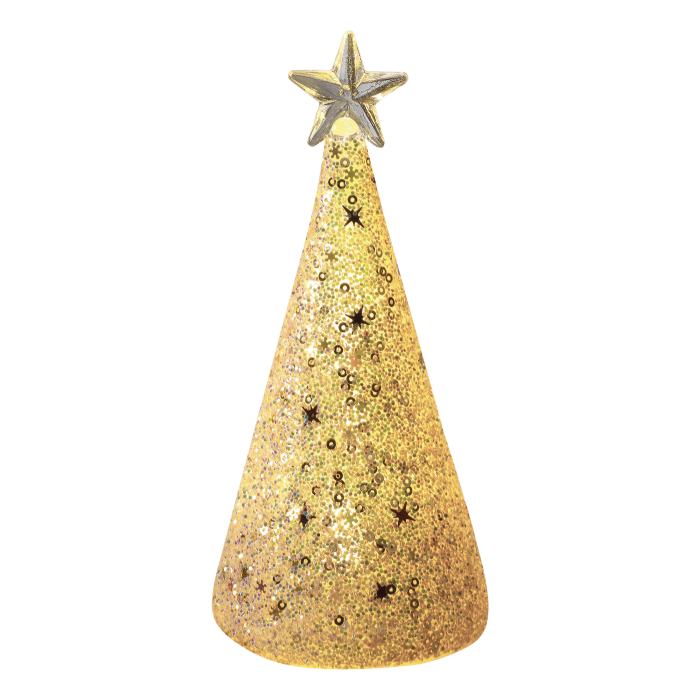Questo abete di vetro è decorato con granellini e glitter e illuminato da luci led Dimensioni: cm 8,5 x 23 h. In negozio e online su tuttochic.it