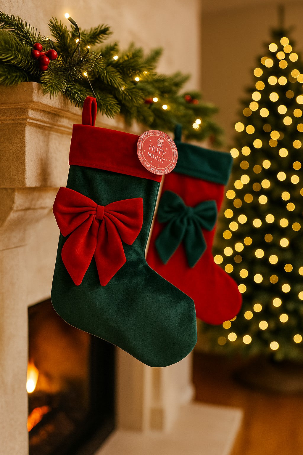 Calza natalizia in velluto con fiocco decorativo rosso o verde – 36x24 cm