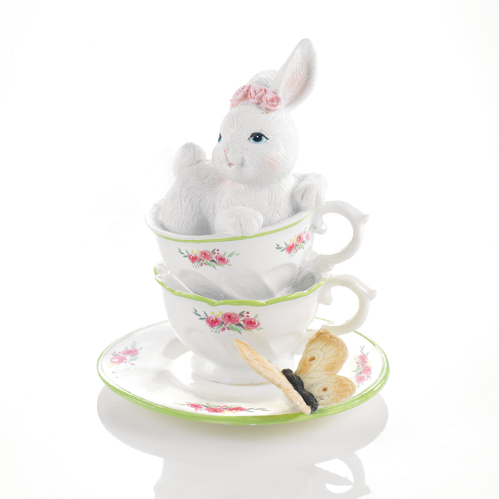 Decorazione 2 tazze con coniglietto in resina decorata. Dimensioni: Ø 12 ,5 x 12 x 15 h cm. In negozio e online su tuttochic.it