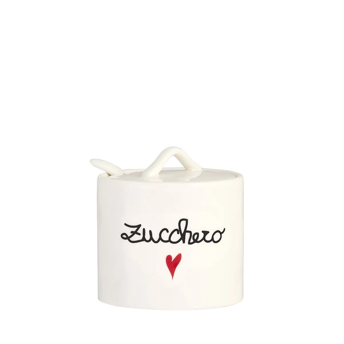 Zuccheriera "zucchero" in gres porcellanato bianco. Completa di coperchio e cucchiaino. Dimensioni: cm Ø 8,3 x h 8,5 Lavabile in lavastoviglie. In negozio e online su tuttochic.it