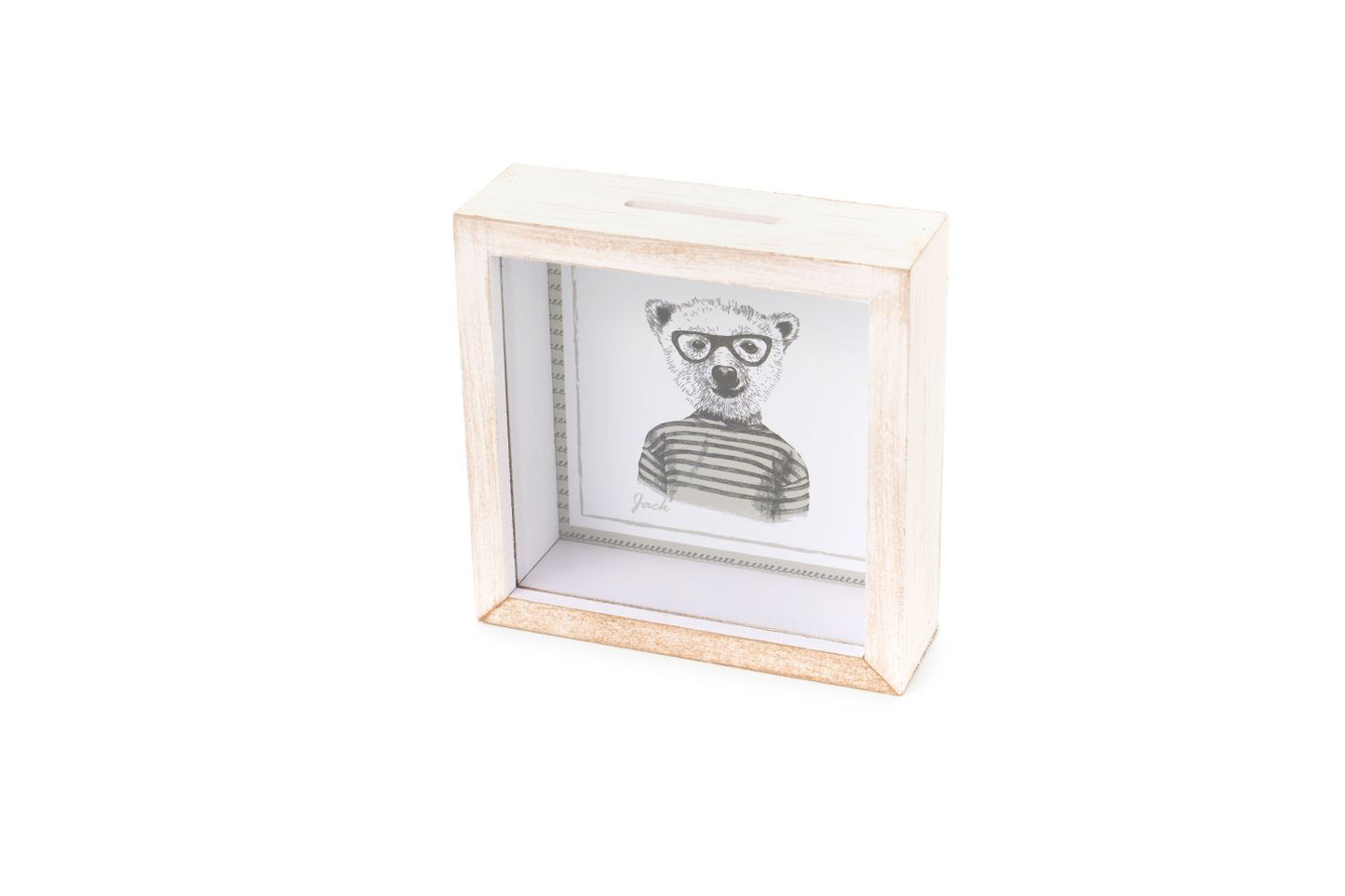Salvadanaio "My Friend's Home" con cassetta in legno e vetro trasparente. Disponibile in 2 decori, Dimensioni: 15x15x5 cm. In negozio e online su tuttochic.it