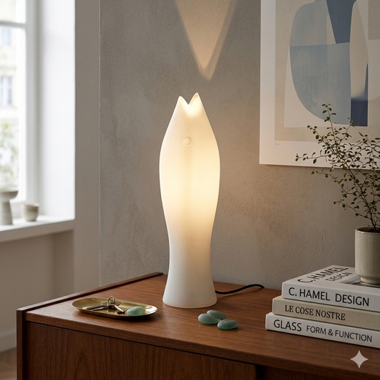 Lampada da tavolo Jill Le Cose Nostre a forma di pesce in vetro soffiato bianco latte con bocca aperta. Design di C. Hamel Tutto Chic.