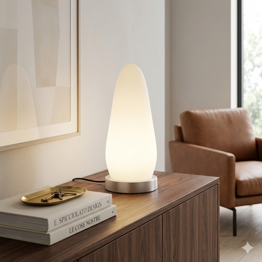 Lampada Sasso Le Cose Nostre in vetro soffiato opale satinato su base tonda in alluminio. Design attribuito a E. Spicciolato Tutto Chic.