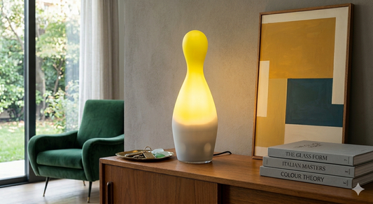 Lampada Birillo Le Cose Nostre in vetro soffiato bianco satinato con collo giallo. Design attribuito a Brandolini Tutto Chic.