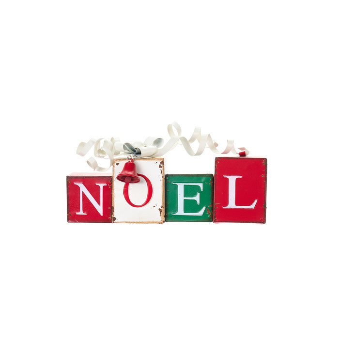 Scritta NOEL in metallo decorativa da appoggio. Rossa, bianca e verde