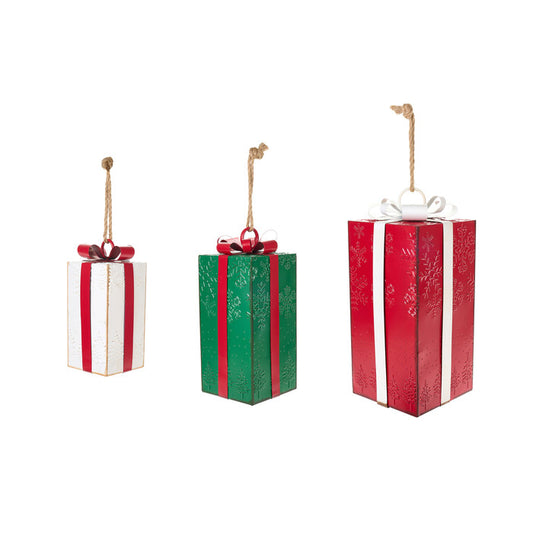 Set 3 pacchi decorativi natalizi in metallo bianco, verde e rosso