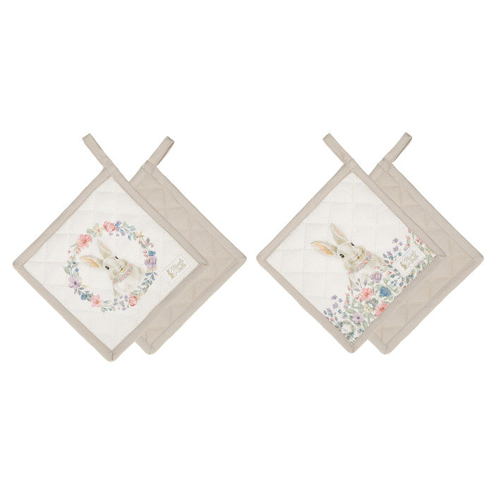 Presine Bunny, realizzate in puro cotone e decorate con un adorabile coniglietto con fiori. Dimensioni: cm 18x18. In negozio e online su tuttochic.it