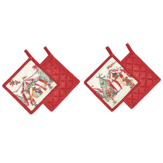 Perfette per affrontare la stagione festiva, le nostre presine da cucina Bear Wonderland sono realizzate in morbido cotone e decorati con un incantevole tema natalizio di orsetti al circo. Rendono ogni momento in cucina un'esperienza lussuosa e unica. Dimensione singola: cm 18 x 18. In negozio e online su tuttochic.it