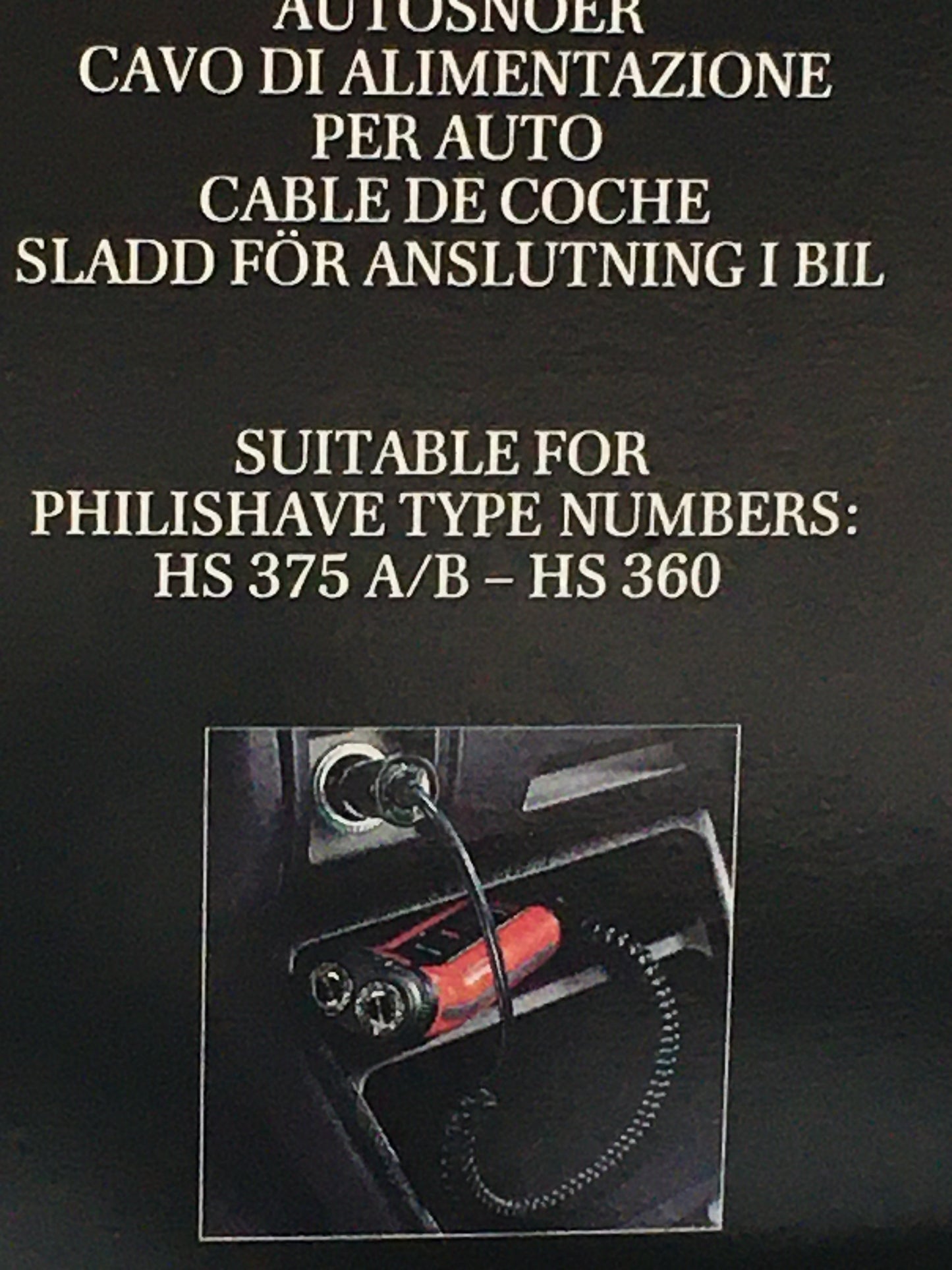 Cordone di alimentazione per auto da inserire nell'accendisigari per i seguenti modelli di rasoi da barba marca Philips: HS375 A/B - HS360. In negozio e online su tuttochic.it