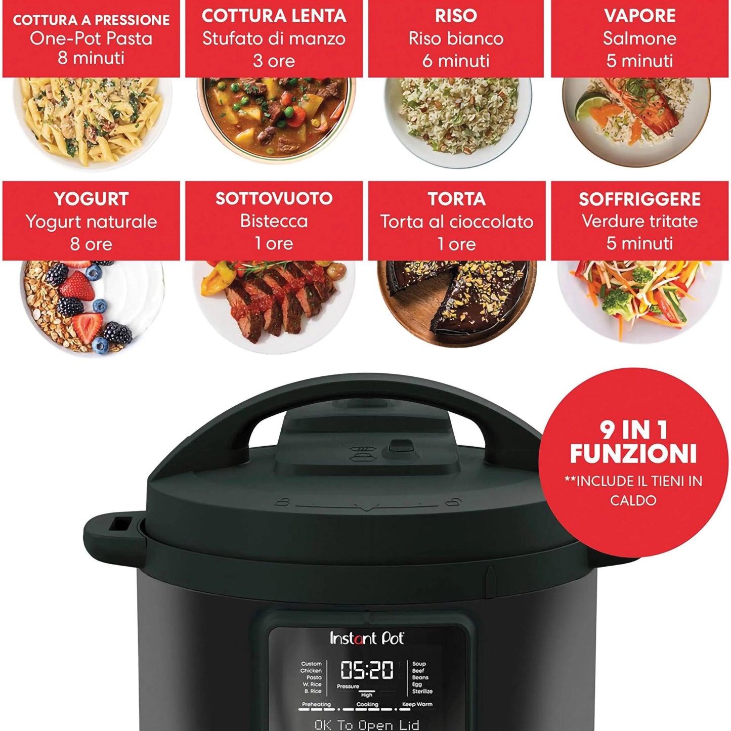 Instant Pot Duo è 9 apparecchi in 1: pentola a pressione, padella, pentola a vapore, pentola a cottura lenta, pentola per riso, scaldavivande e yogurt, sterilizzatore, sous vide. In negozio e online su tuttochic.it