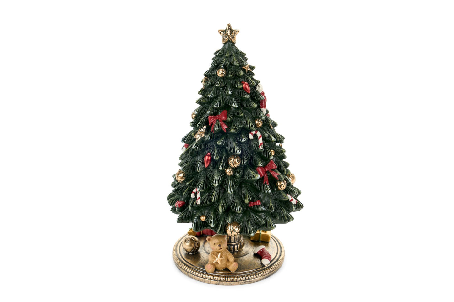 Carillon natalizio a forma di albero decorato con orsetto alla base, h 23,5 cm, meccanismo a molla, collezione Vintage Toys Nuvole di Stoffa, Tutto Chic.