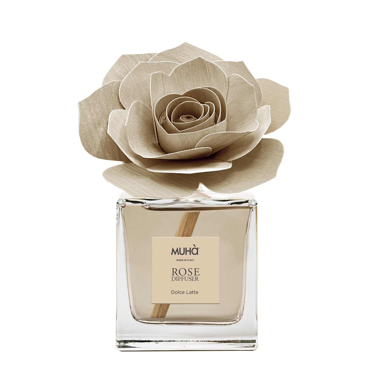 Profumatore d'ambiente in bottiglia di vetro con diffusore a forma di rosa in legno di betulla realizzato a mano. Completo di essenza 100 ml fragranza DOLCE LATTE. In negozio e online su tuttochic.it