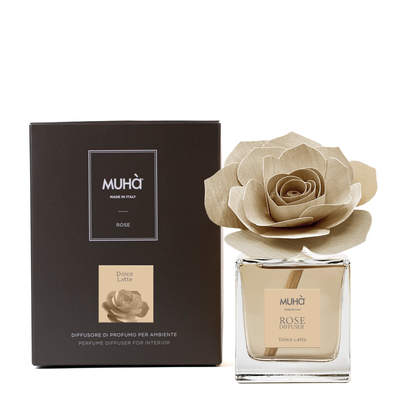 Profumatore d'ambiente in bottiglia di vetro con diffusore a forma di rosa in legno di betulla realizzato a mano. Completo di essenza 100 ml fragranza DOLCE LATTE. In negozio e online su tuttochic.it