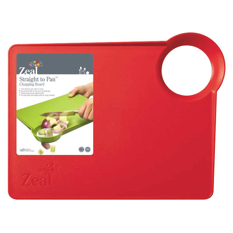 Tagliere da cucina Zeal con foro e guida per alimenti in plastica resistente di colore rosso.