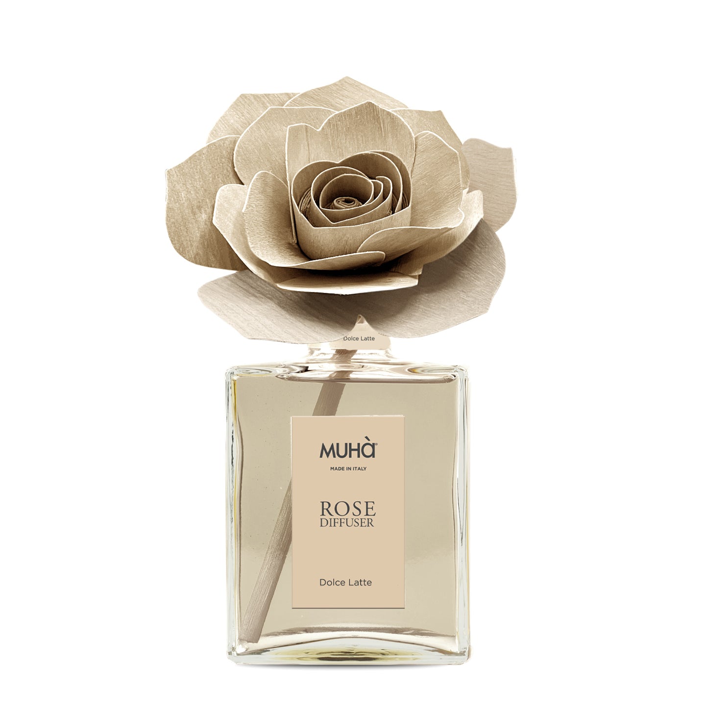 Profumatore d'ambiente in bottiglia di vetro con diffusore a forma di rosa in legno di betulla realizzato a mano. Completo di essenza 200 ml fragranza DOLCE LATTE. In negozio e online su tuttochic.it