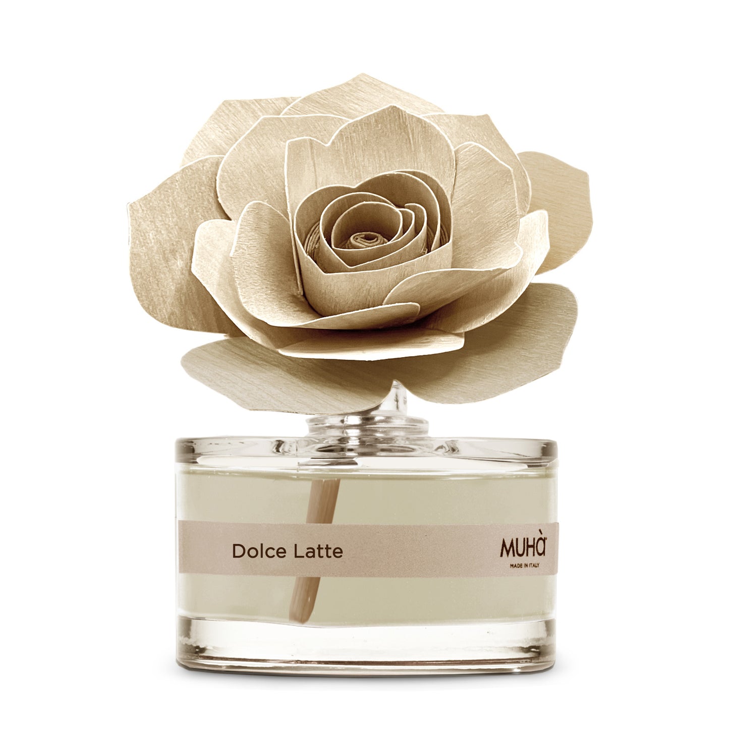 Profumatore d'ambiente in bottiglia di vetro con diffusore a forma di rosa in legno di betulla realizzato a mano. Completo di essenza 50 ml fragranza DOLCE LATTE. In negozio e online su tuttochic.it