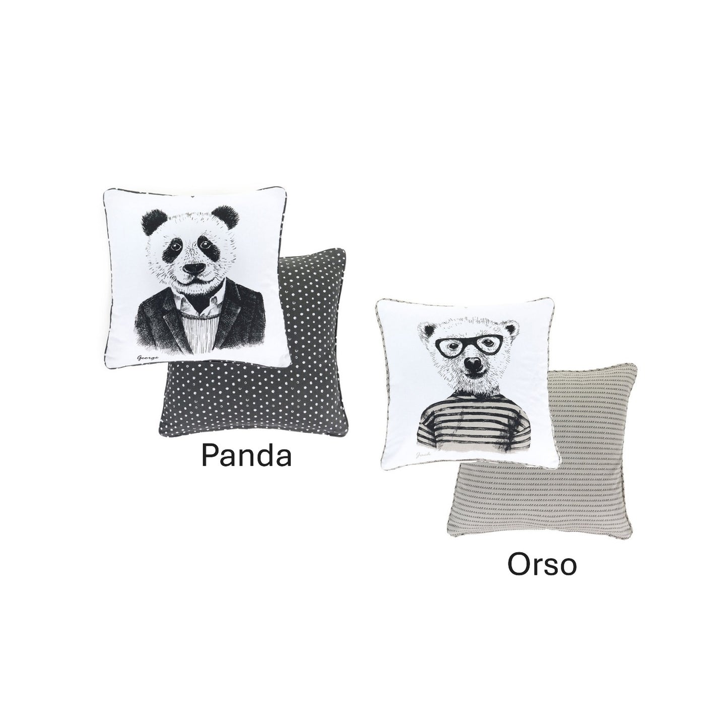 Cuscini "My Friend's Home"! Realizzati in puro cotone, disponibili in due decori: George il panda e Jack l'orso. Dimensione singolo cuscino: 40×40 cm. In negozio e online su tuttochic.it