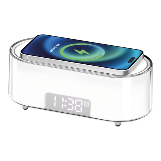 Sveglia - Wireless Charger - La ricarica rapida da 15W del wireless charger garantisce una carica veloce ed efficiente per il tuo dispositivo, mentre la lampada a led ti permette di scegliere tra due livelli di luminosità. Dimensioni: cm 22 x 10 x h 9 - Cavo usb-c incluso. In negozio e online su tuttochic.it